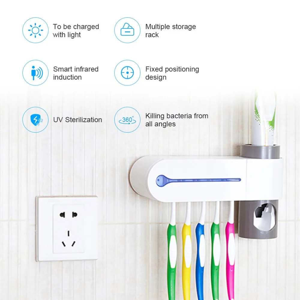 2 in 1 UV Light Ultraviolet Toothbrush Sterilizer Toothbrush Holder Automatic Toothpaste Squeezers Dispenser Home Bathroom Set