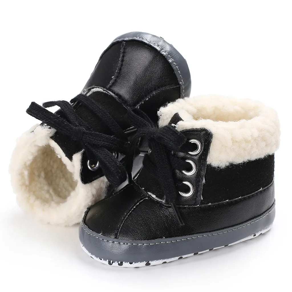 Теплые ботиночки для новорожденных и маленьких мальчиков; обувь из искусственной кожи на шнуровке; нескользящие кроссовки; цвет синий, черный, серый; зимняя теплая обувь