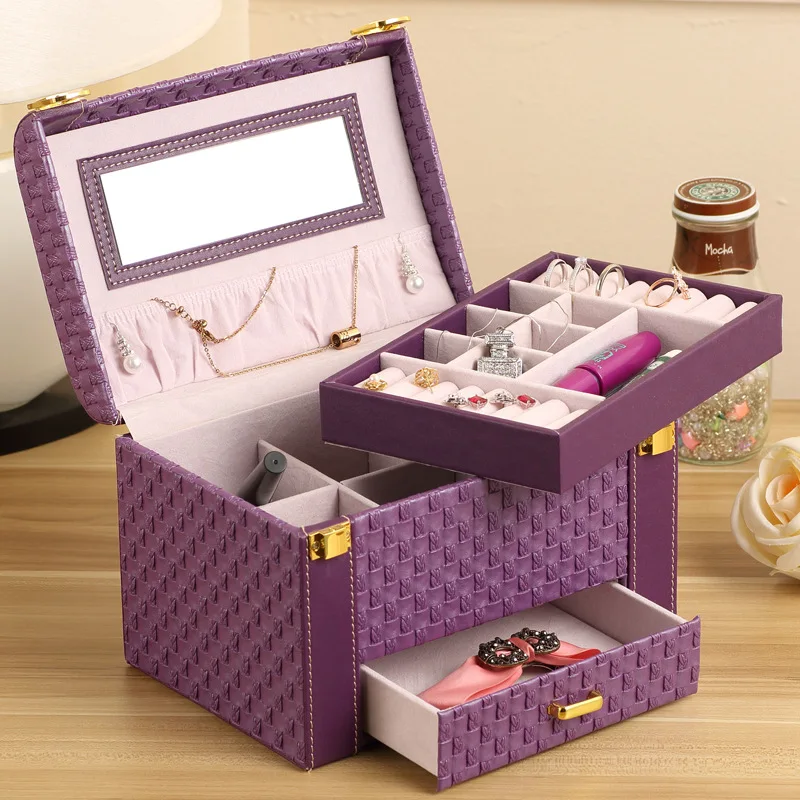 

Multi-layer Women Jewelry Box Drawer Earrings Necklace Rings Bracelet Organizers With Mirror Case Girls Travel Cosmetics Handbag