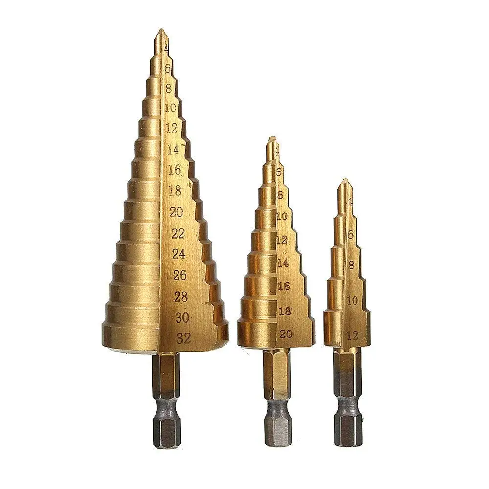 3Pcs Step Drill Bit Pagoda Shape Hole Cutter 4-12/20/32mm HSS Steel Cone Drill Bit Set
