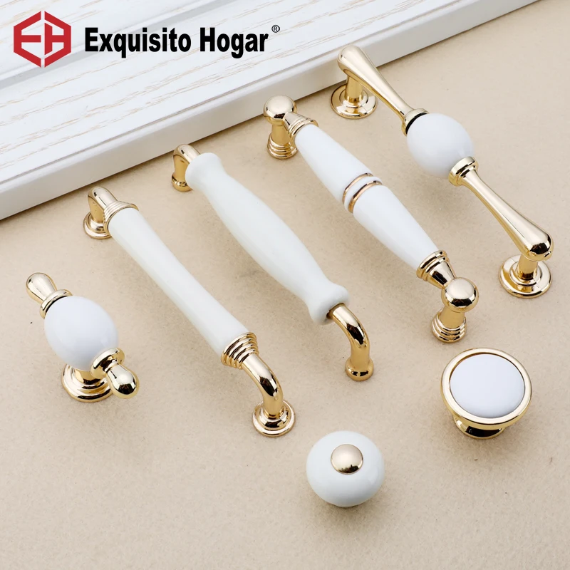 

New Golden Ceramic Handles European Simple Cabinet Wardrobe Door Handles Solid Circular Drawer Furniture Knobs