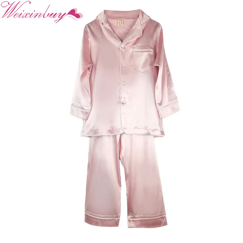 

Fasion Unisex Elegant Full Sleeve Soft Silk Pajamas For Kids Children Tops Pants Autumn Girls Boys Fashion Sleepwear