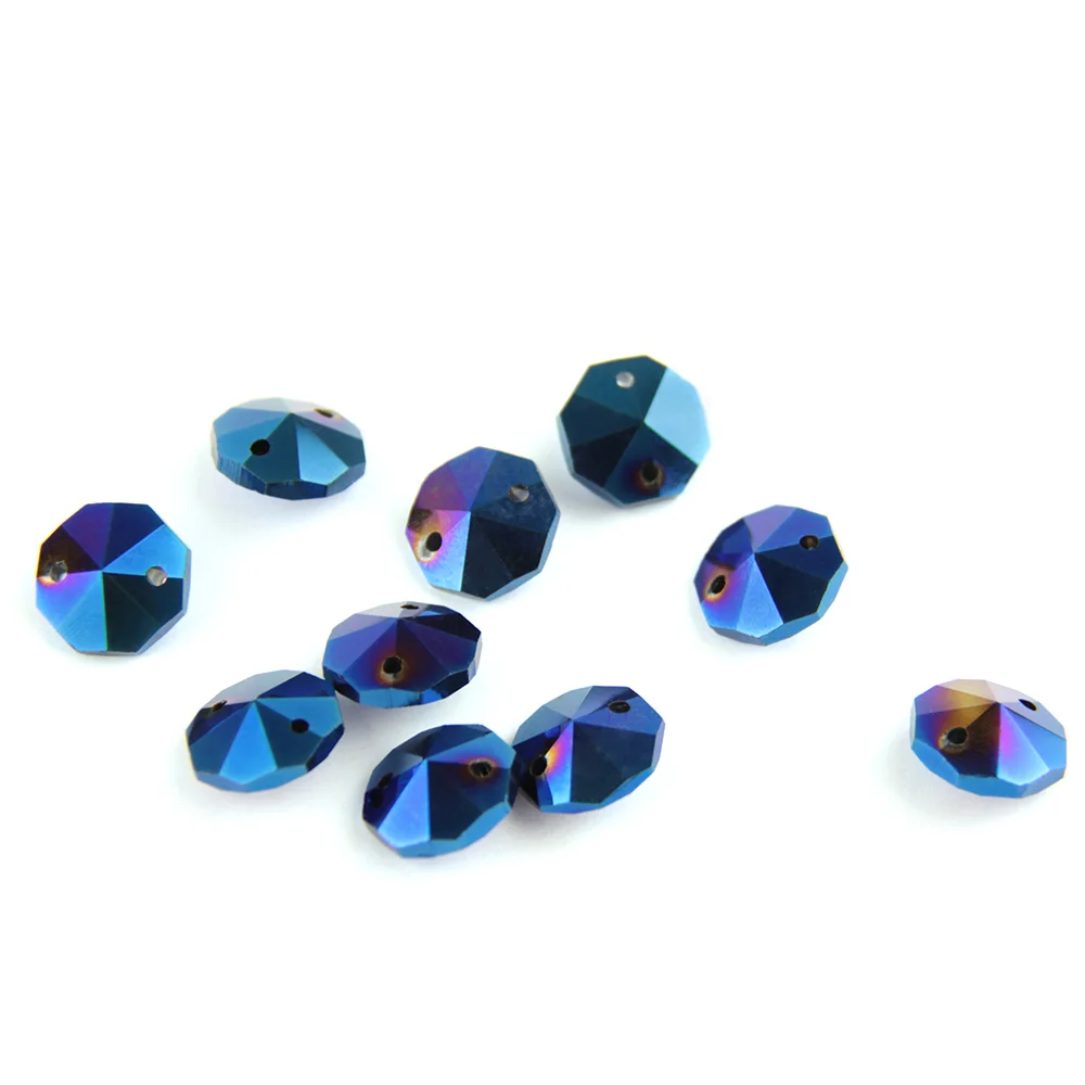 

100pcs/Lot Coating Blue 14mm Crystal Octagon Beads In 2 Holes Crystal Prism Beads Wedding Garland Beads Free Shipping