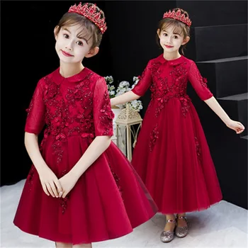 

Catwalk dress children's long-sleeved wine red evening dress flower girl Chinese style foreign princess dress