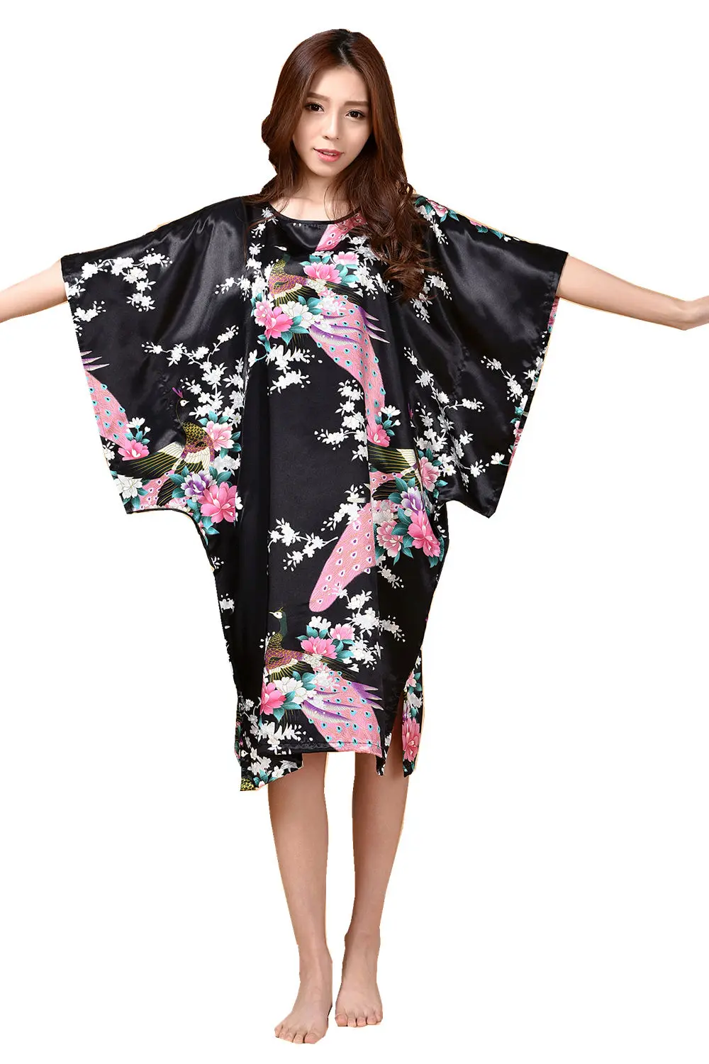 Novelty Women's Faux Silk Bath Robe Nightgown Black Lady Summer Night Gown Sleepwear Nuisette