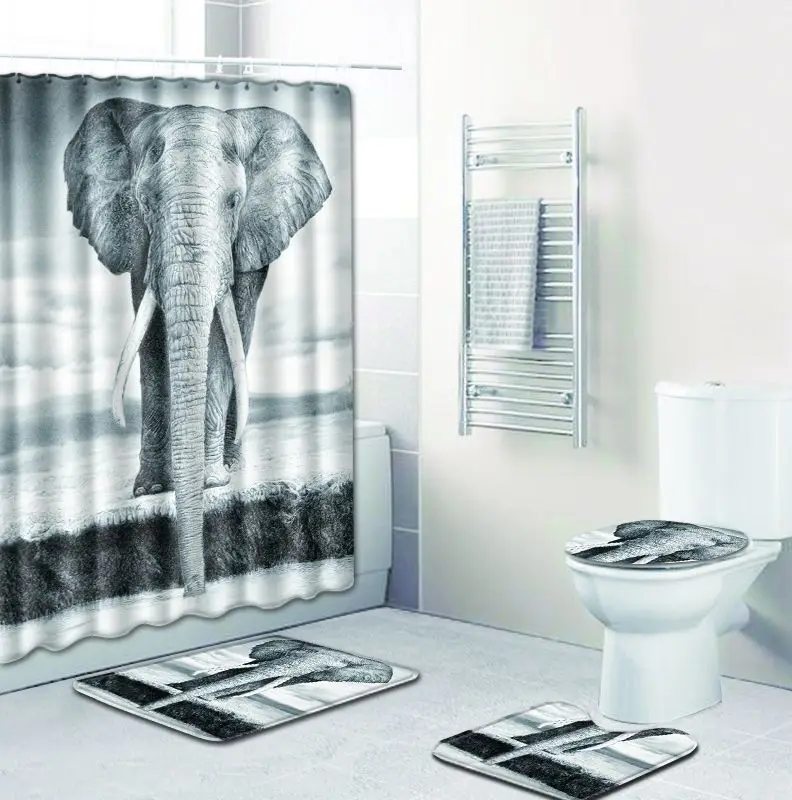 

Fleece Toilet Mat Accessories Shower Curtain Set and Rug Sets Elephant Carpet Bathroom Anti Slip 3D India Home Decor Bath Mat