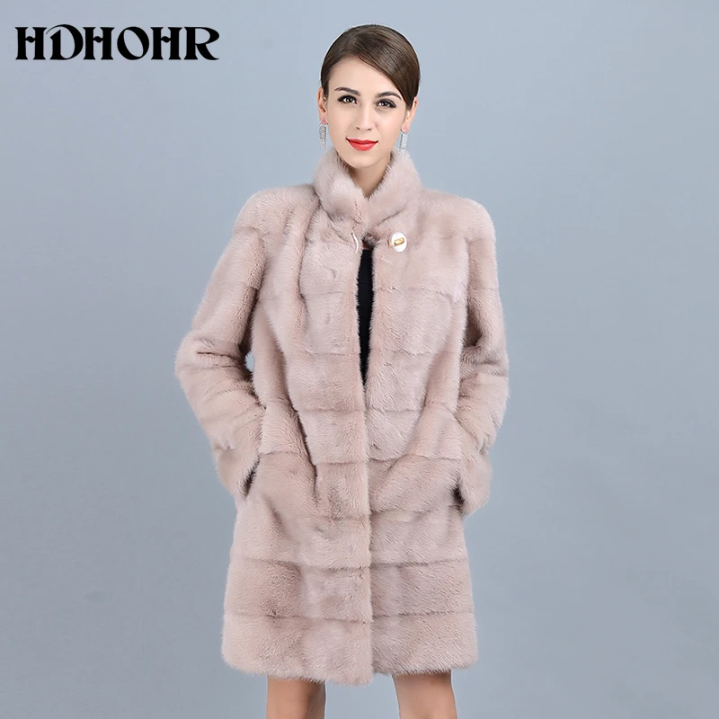 HDHOHR 여성용 천연 밍크 모피 코트, 고품질 핑크 천연 모피 파카, 두껍고 따뜻한 겨울 진짜 밍크 재킷, 2023 신제품