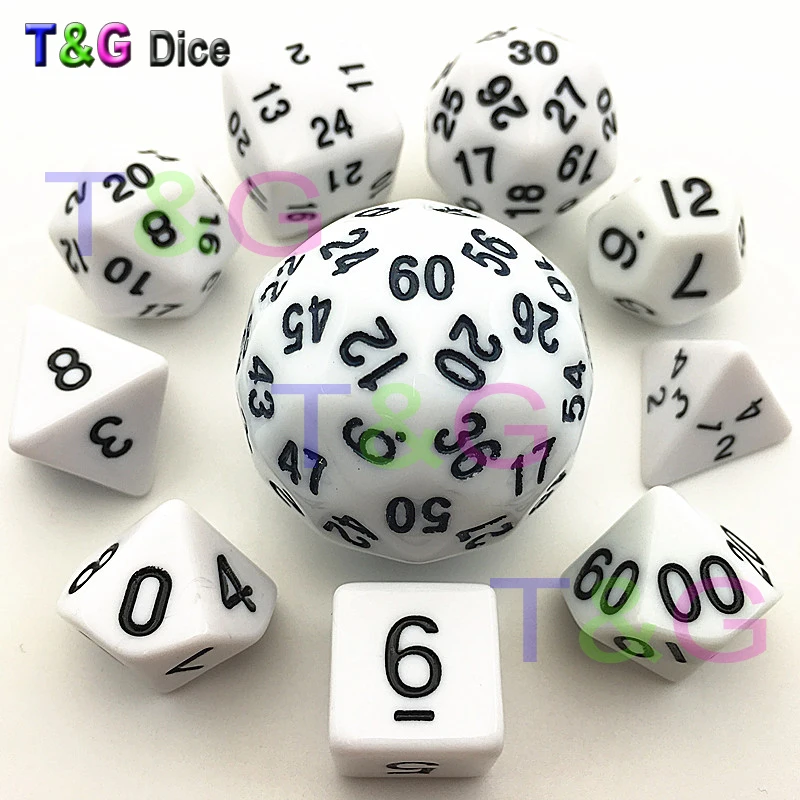 10 шт Белый Набор кубиков с цифрами T & G наивысшего качества d4, d6, d8, 2xd10, d12, d20, d24, d30, d60 Набор кубиков сумка новинка игрушки для специальный
