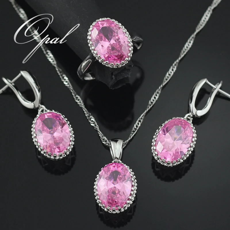Oval Pink Stone Jewelry Sets For Women Silver Plated Necklace Pendant