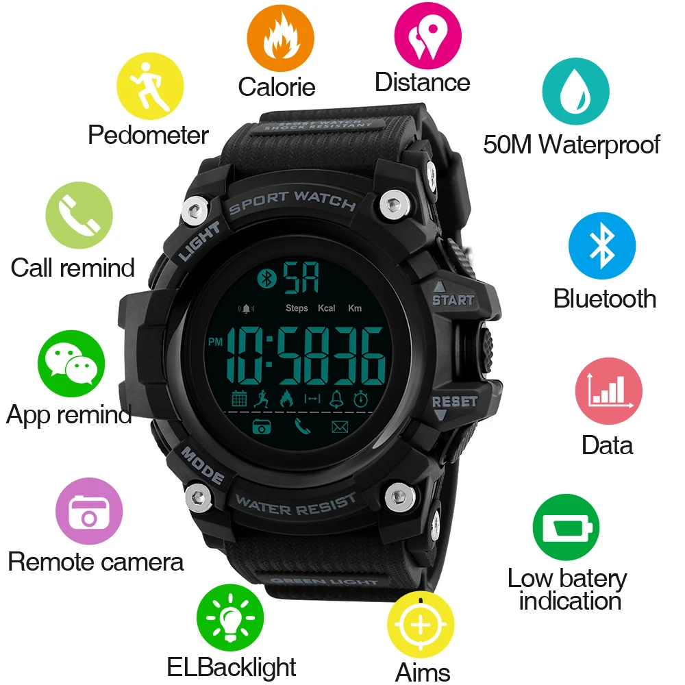 

Sports Wristwatch Men's Digital Smart Watch Man Bluetooth Pu Strap Calorie Calculation Pedometer El Back Light Smart Wrist Watch