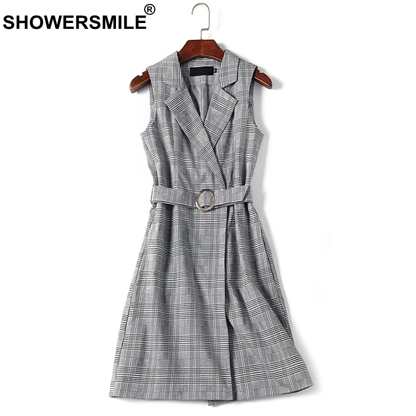 SHOWERSMILE Spring Grey Women Checkered Vest Slim Fit Belt Sleeveless Long Office Jackets With Pockets Elegant Waistcoat Plaid