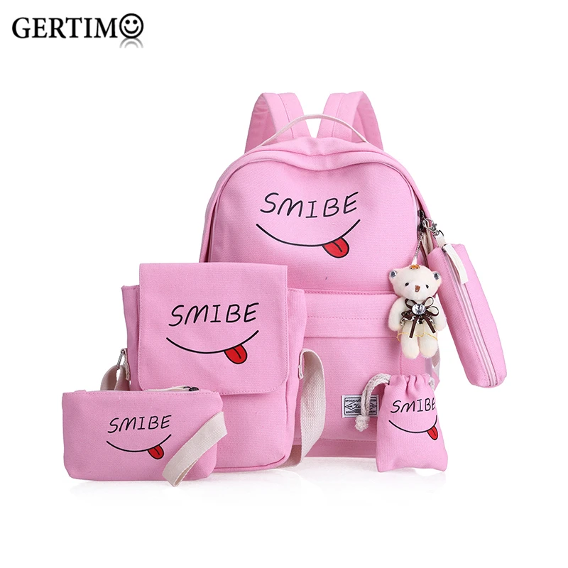 

5 Pcs/Sets Women Canvas Backpack with Bear Smiling Printing School Bag For Youth Girls With Purse Bear;Mochilamochilas colegio