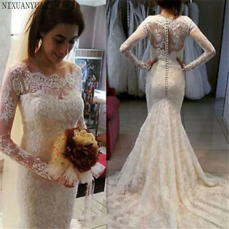 

Elegant Lace Mermaid Wedding Dresses with Long Sleeve Button Applique White Court Train 2019 Bridal Gowns