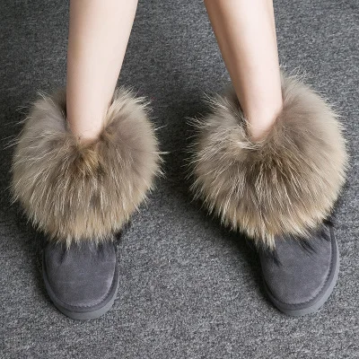Женские ботинки из натуральной кожи с натуральным лисьим мехом; брендовая зимняя обувь; теплые черные повседневные женские зимние ботинки с круглым носком размера плюс - Цвет: fox fur boots