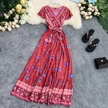 

2019 new fashion women's Dress bohemian ethnic print V-neck waist tie holiday
