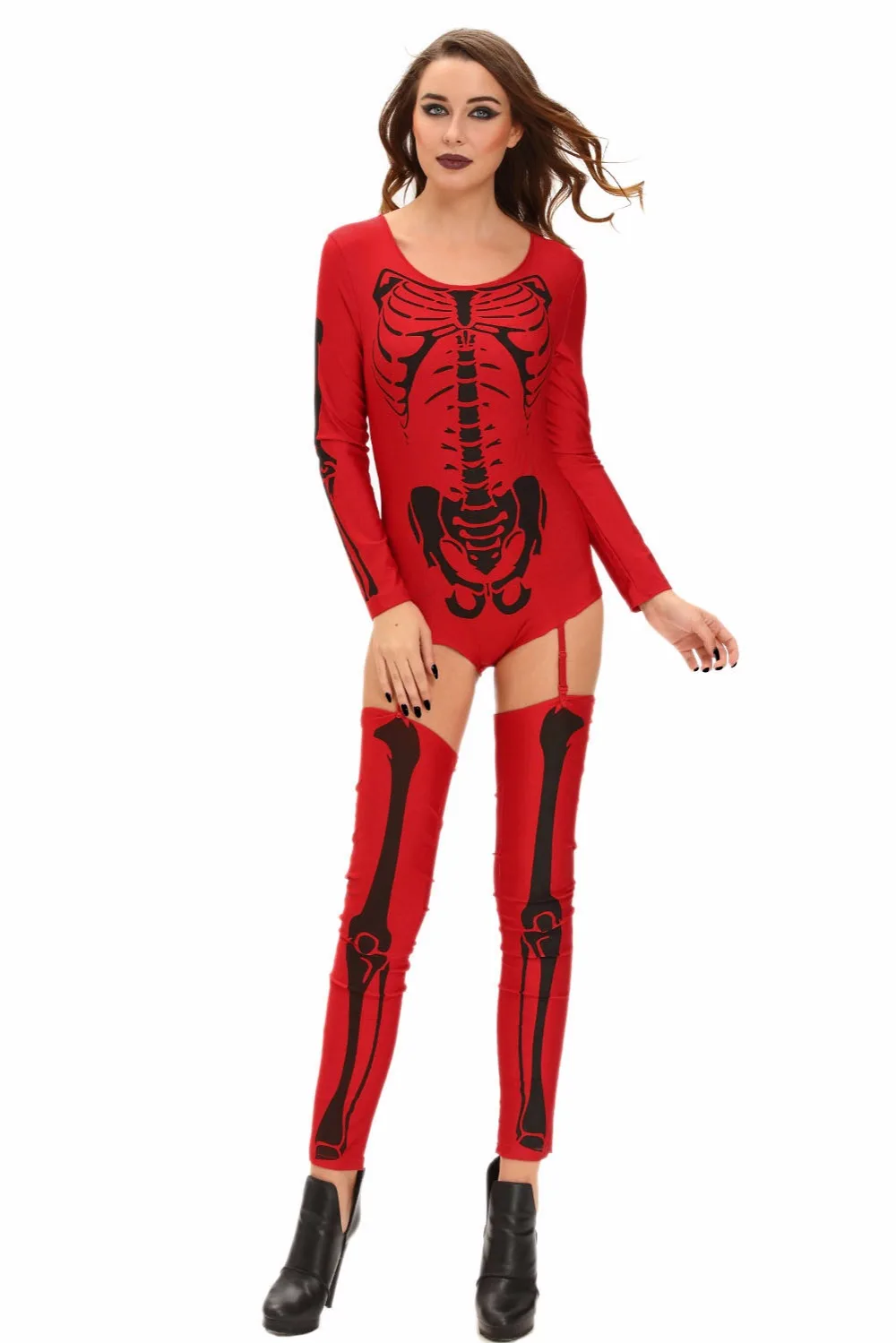 Halloween Skeleton Costume Jumpsuit Sexy Catsuit Human Skeleton Skull 