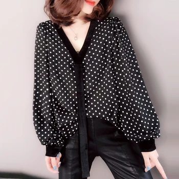 

Casual Polka Dot Women's Shirts Lantern Sleeve Women's Blouse Top Female Ladies Tops Camisas Mujer Tunique Femme Women Shirt