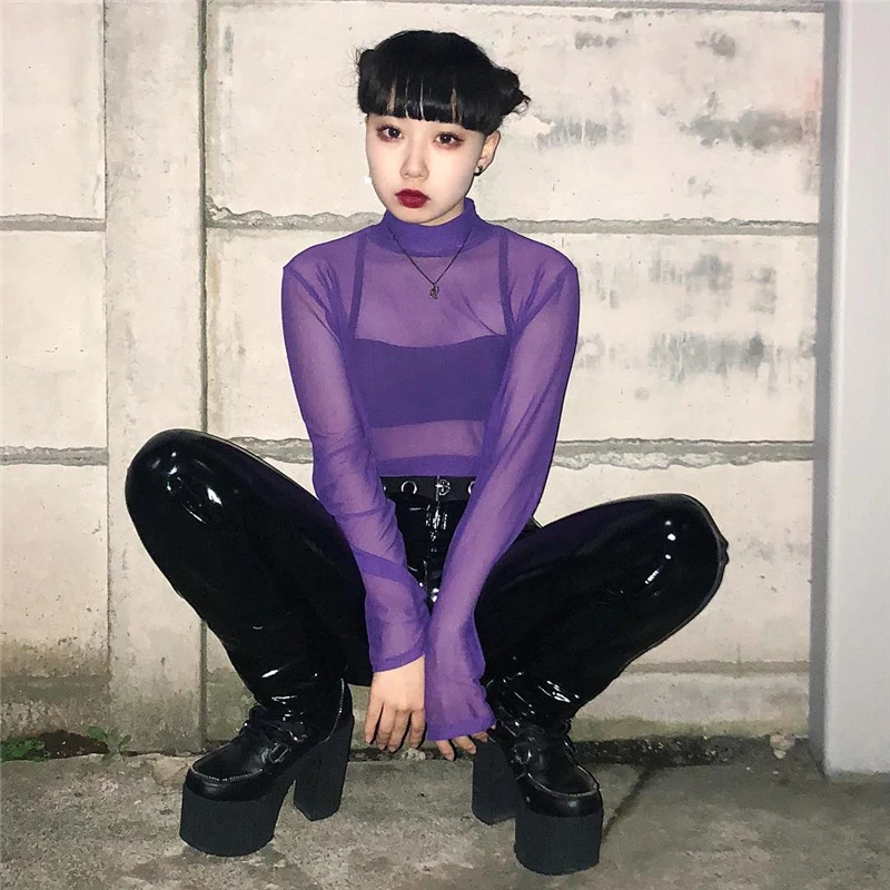 

Women's Clothing Gothic Solid mesh perspective Stand Tops Dark long sleeve New harajuku Tees New Summer ulzzang purple T-Shirts