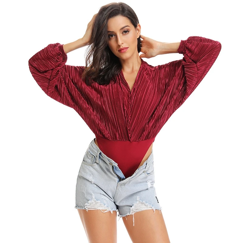 Long Lantern Sleeve Solid Bodysuit Women 2019 Deep V Neck Beige Wine Red Chiffon Bodysuits Party Highstreet Short Jumpsuit New Long Lantern Sleeve Solid Bodysuit Women 2019 Deep V Neck Beige Wine Red Chiffon Bodysuits Party Highstreet Short Jumpsuit New