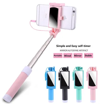 

Fashion Foldable Extendable Phone Selfie Stick Wired Handheld Mini Selfie Stick With Mirror For iPhone Samsung Smart Phone