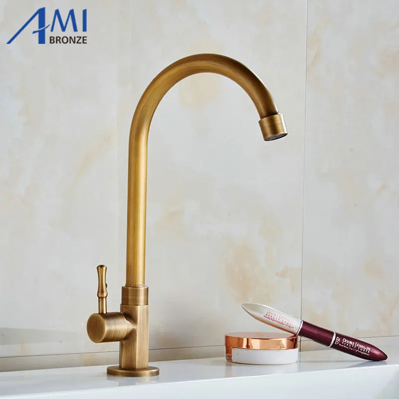 Single Cold Faucet Antique Brushed Brass Faucets Kitchen Swivel Sink Faucet Bathroom Basin Tap