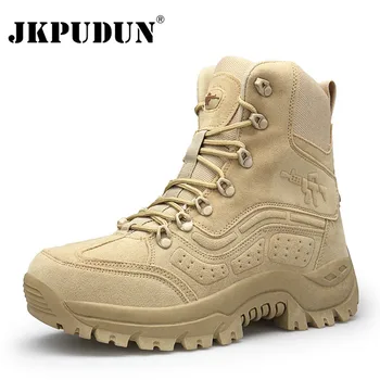 

JKPUDUN Tactical Military Combat Boots Men Genuine Leather US Army Hunting Trekking Camping Mountaineering Winter Black Shoes