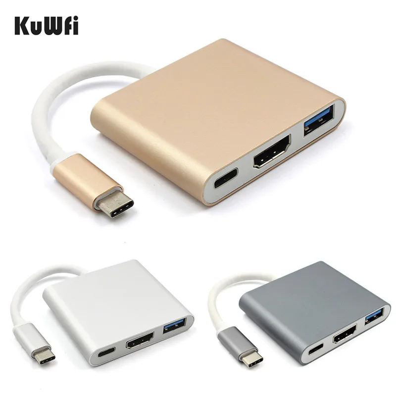 KuWFi USB концентратор type C USB 3,1 к USB-C 4 к HDMI USB3.0 адаптер 3 в 1 концентратор для Apple Macbook type-C к HDMI кардридер