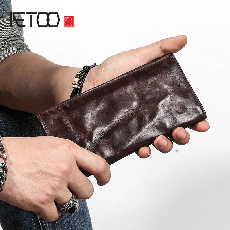 AETOO, ультра-тонкий мужской длинный кожаный бумажник, ретро кошелек, индивидуальный, винтажный, верхний слой, кожа, простой, для молодых мужчин