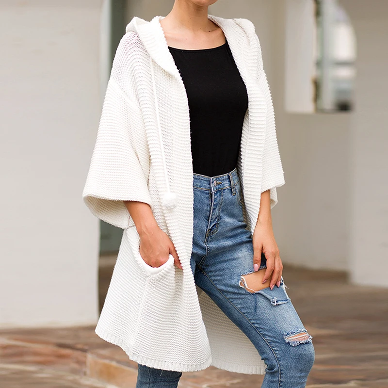 

Long Cardigan Women Autumn Winter Pure Loose Cashmere Sweater Coat Long Sleeve Thicken Warm Twist Knitted Outerwear With Hood