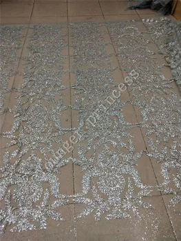 

Silver Nice looking shinning YG-165 french fabric with glued glitter 5yd/lot glued glitter tulle lace fabric for evening dress