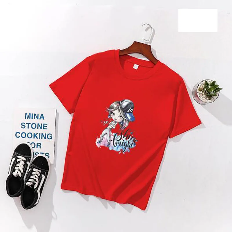 

Fashion Girl Print Women T shirts Spring Summer Short Sleeve O Neck Cotton Spandex Women Tops Tees Slim Fit Women T-shirts
