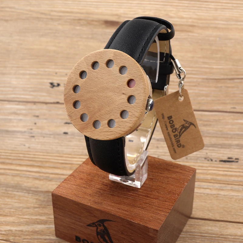 BOBO BIRD Wood Wristwatch 12 Holes Design Wood Bezel Stainless Steel Case Fashion Quartz Watches for Men Women Reloj Mujer V-C15