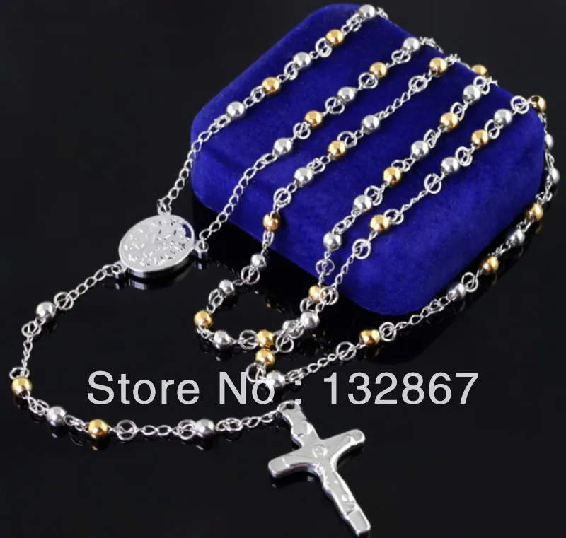 Gold Rosary Chain Stainless Steel Necklace 4mm Ball Cross For Men