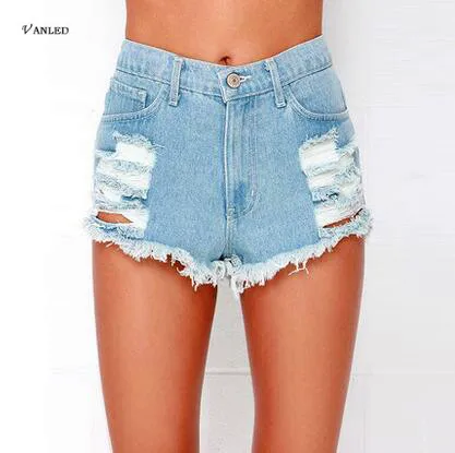 

VANLED 2017 Fashion Women Shorts Jeans Mujer Ripped Jeans For Women Sexy Close-Fitting Street Bleached Ripped Style Summer Z117