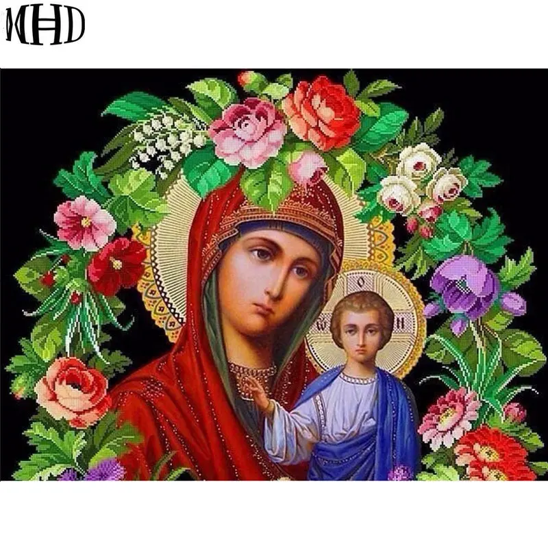

MHD 5D DIY Diamond Embroidery Religions Portraits 3D Diamond Cross Stitch Mosaics Sewing Threads Religion Mother & Son Flowers