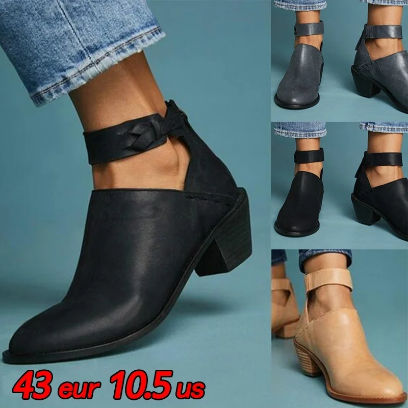 

DAFENP Women Faux Suede Boots Daily Chunky Heel Zip Shoes Breathable Female Comfortable Shoes Retro Spring PU Leather