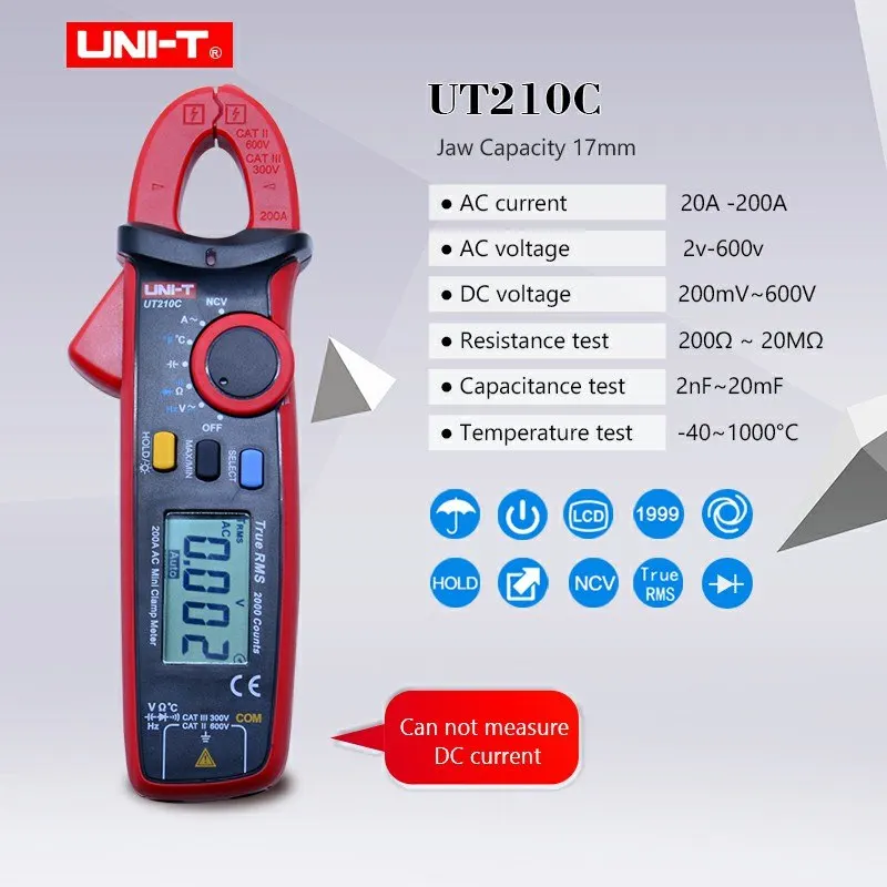 Цифровой клещи UNI-T UT210A/B/C/D/E AC DC измеритель напряжения тока True RMS мультиметр Емкость Сопротивление частоты тестер - Цвет: UT210C