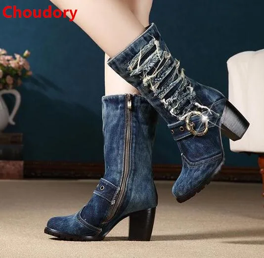 2017 Fall cut-outs short plush inside spring autumn mid-calf denim boots for women square high heels side zipper women booties