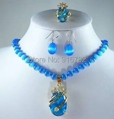 

free P&P **Charming blue opal necklace crystal pendant earring ring set