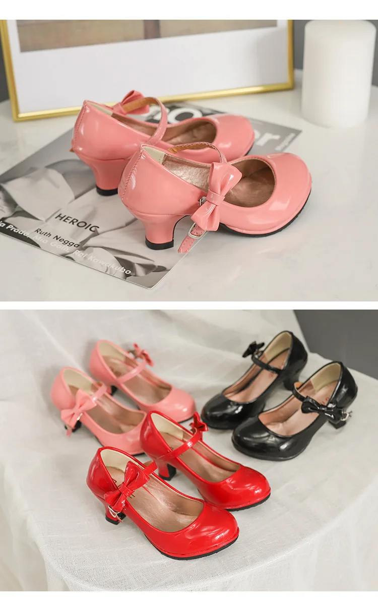 Fashion Girls Leather Shoes Autumn Bowtie Sandals New Children Shoes High Heels Princess Sweet Sandals For Girls SH19025