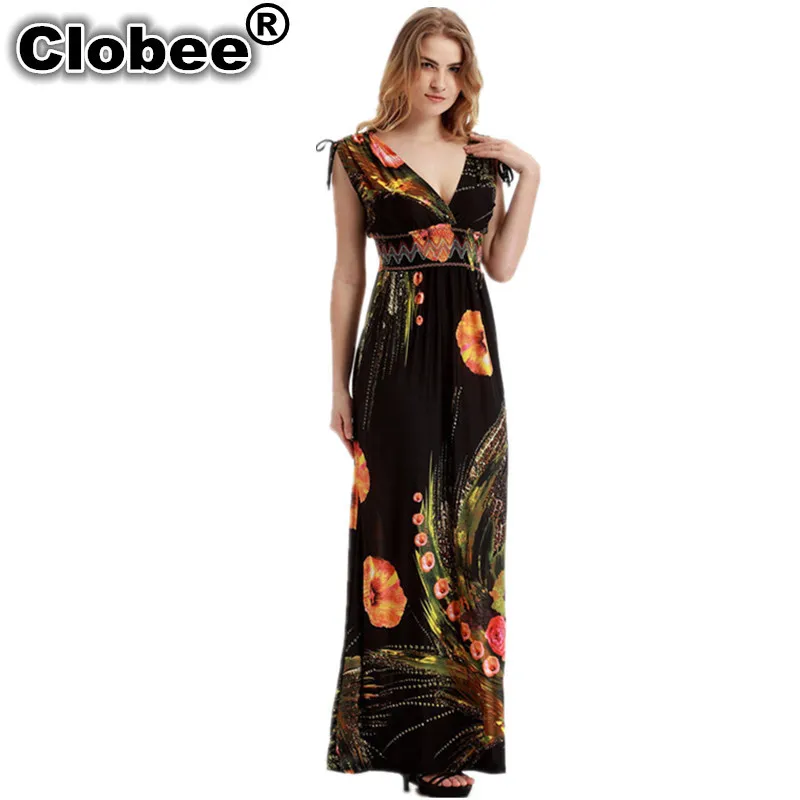 

Clobee 2019 Women Summer Elegant Vintage ukraine Boho Beach Clothing Ladies Bohemian Print Maxi Long Dress Plus Size 6XL Vestido
