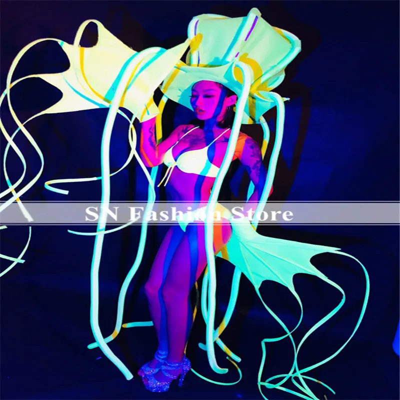 

EC64 Fluorescent green Octopus ocean ballroom dance costumes women stage show wears catwalk performance dress clothe dj singer
