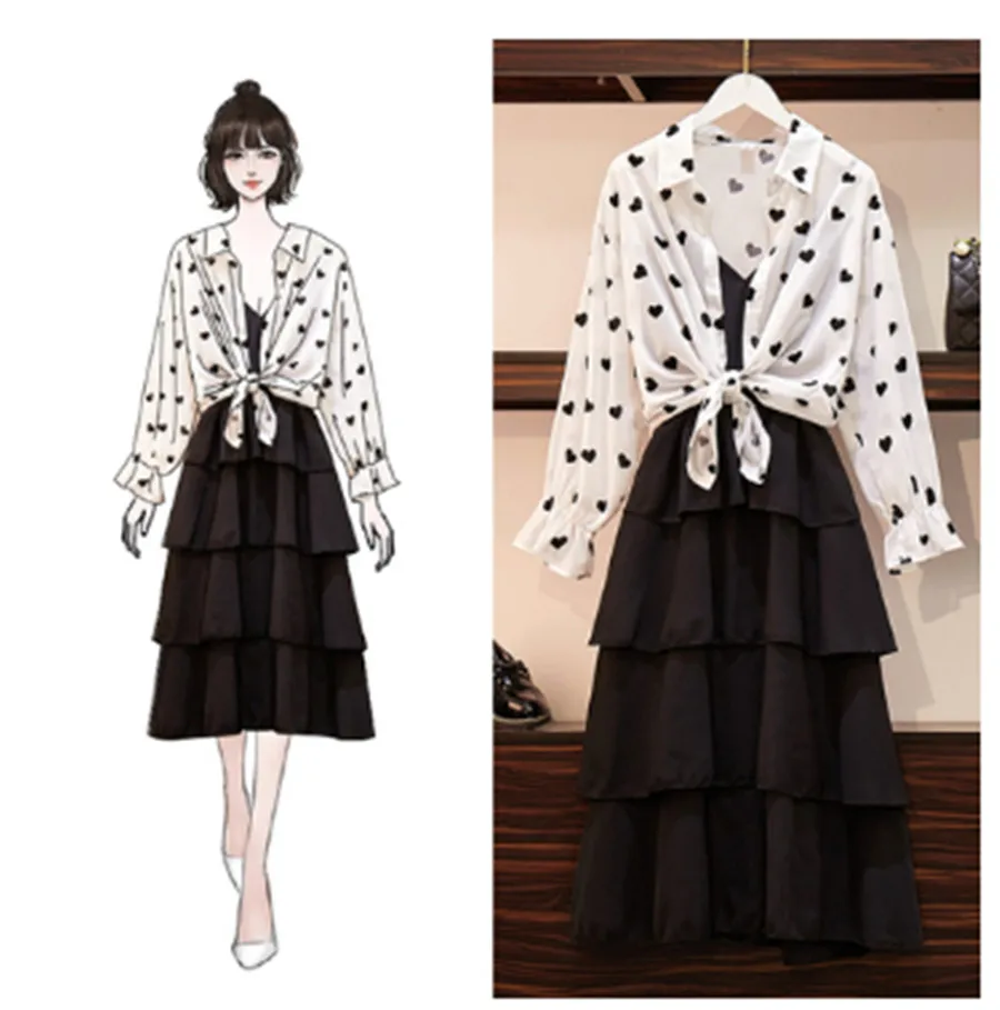 

L-4XL Fat Womans Fashion Runway Suits 2 Peices Sets 2019 Summer Designer Women Print Shirt Tops + Spaghetti Strap Long Dress Set