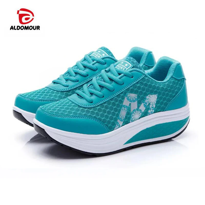 ALDOMOUR Mesh Lacing Women Toning Shoes Thick Soles Height Increased Breathable Wedges Swing Sneakers New Autumn Slmming Shoes
