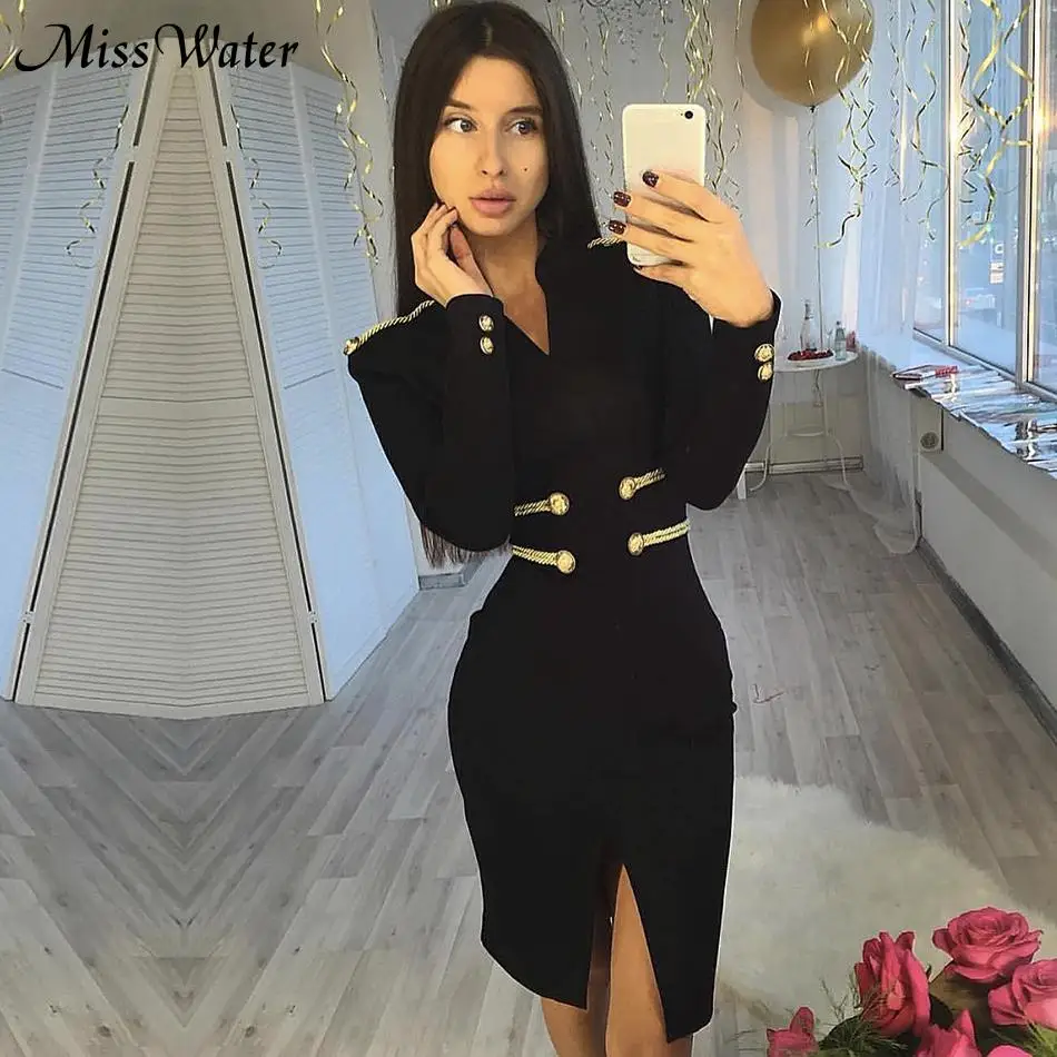Женское вечернее платье на пуговицах Miss Water черное облегающее с длинным рукавом и