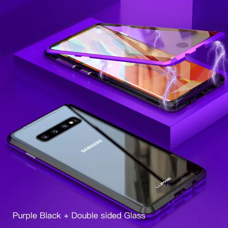 LUPHIE 360 градусов Полный Магнитный чехол для samsung Galaxy S10 Plus S10e Передняя Задняя стеклянная крышка чехол для samsung S10 Магнитный чехол s - Цвет: Black Purple