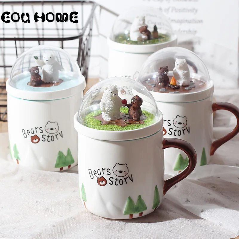 

Cartoon Bear Ceramic Coffee Mug Micro Landscape Bear Cute Couple Cup Milk Breakfast Cups and Mugs for Children Creative Gifts