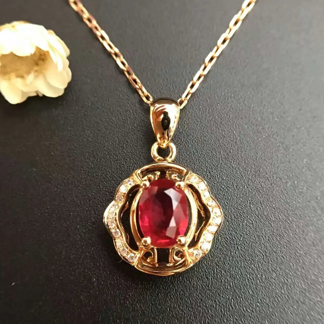 18K Gold 0 656ct Natural Ruby and Pendant font b Necklace b font 0 058ct font