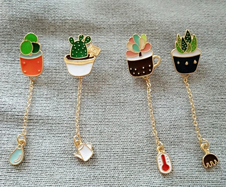 X001 Free shipping Cute Succulent Potted Aloe Vera Metal Oil Drop Brooch Pins,Fashion Jewelry Wholesale