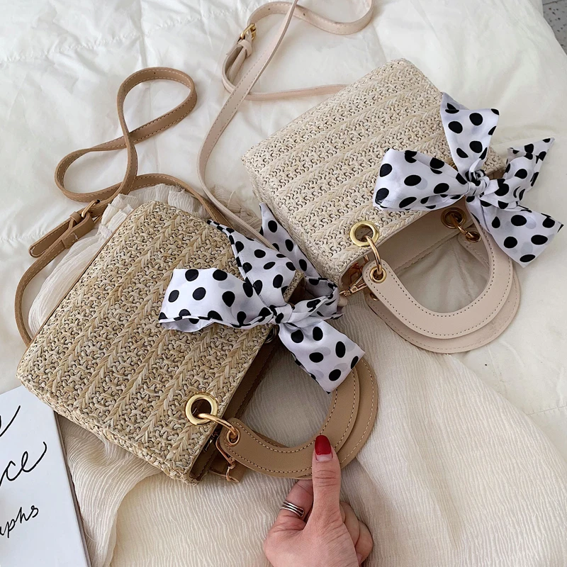 

Elegant Female Ribbon Bow Tote Bag 2019 summer new high quality straw Women's Designer Handbag Travel shoulder messenger bag